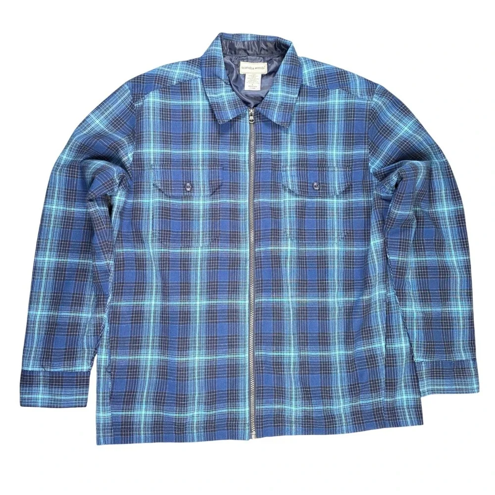 Scandia Woods Full Zip Flannel Shirt Jacket Men's Size L Blue Teal Plaid Lined